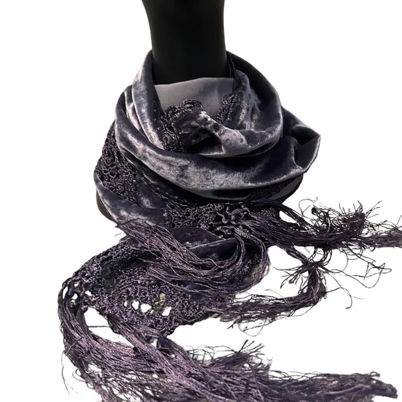 New Handmade Purple Crochet velvet scarf with fringe edges - Picture 8 of 9